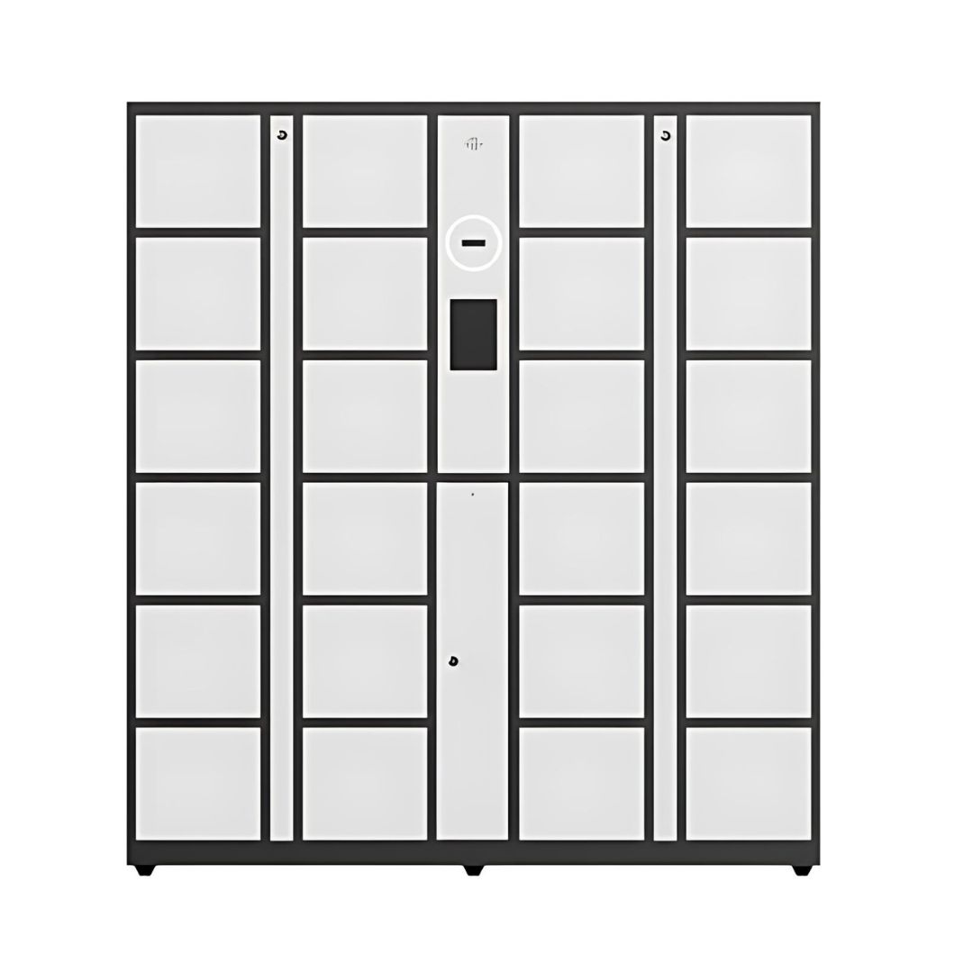 A white 24-door storage locker system with a pin pad for secure access, suitable for business environments.