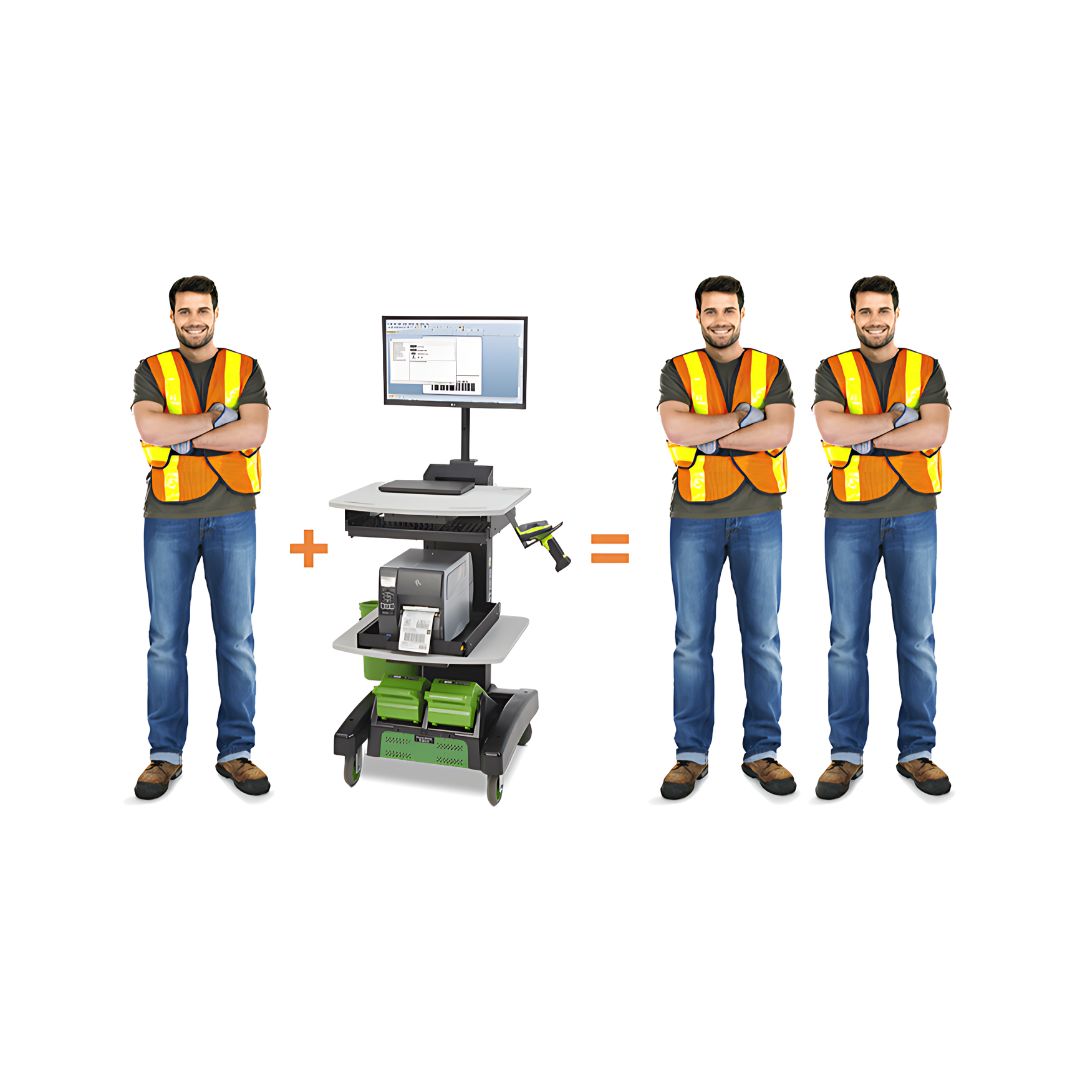 "A composite image showcasing a man in a safety vest beside a mobile workstation with a computer, implying improved work efficiency.