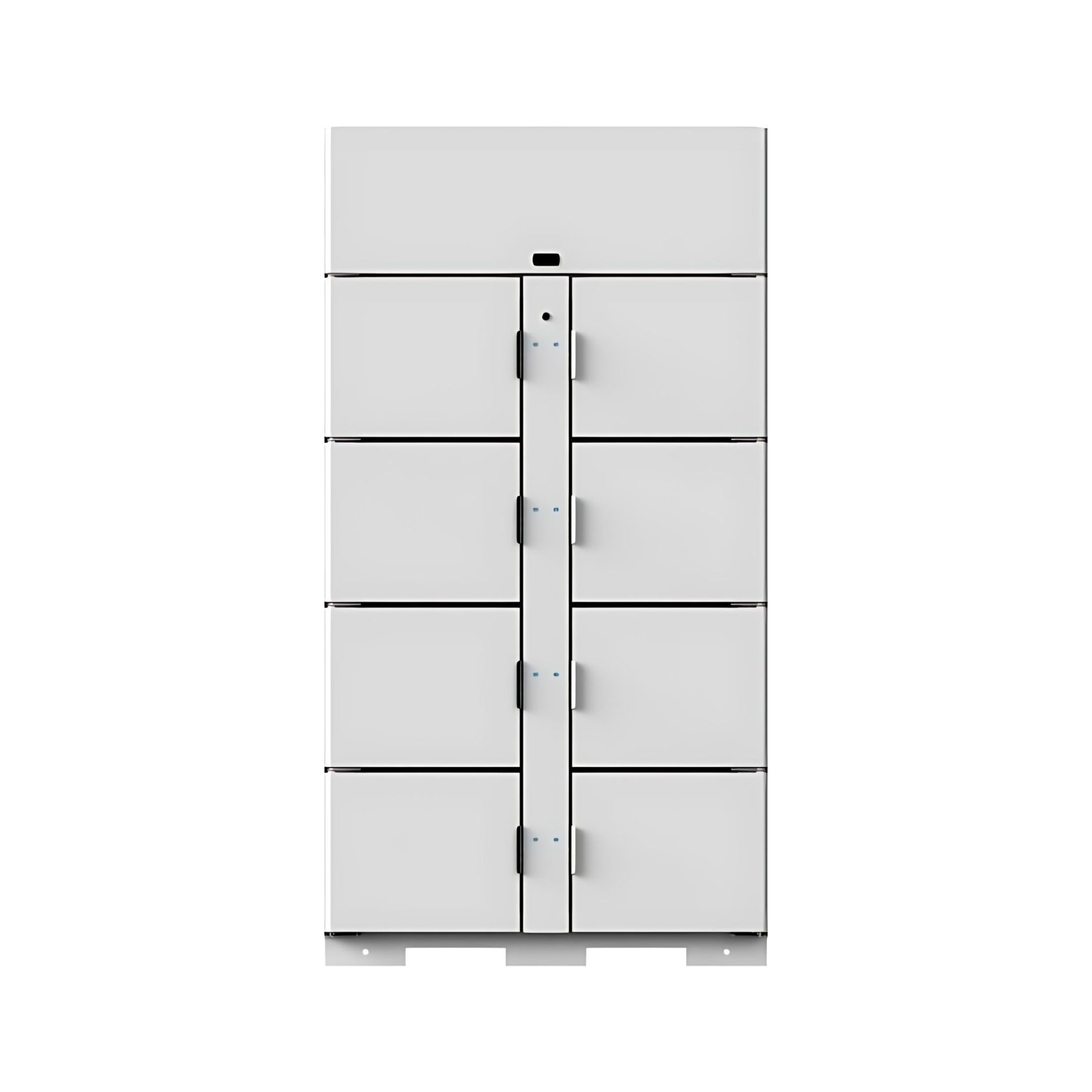 A white eight-compartment refrigerated food locker with metal handles and a central locking system.