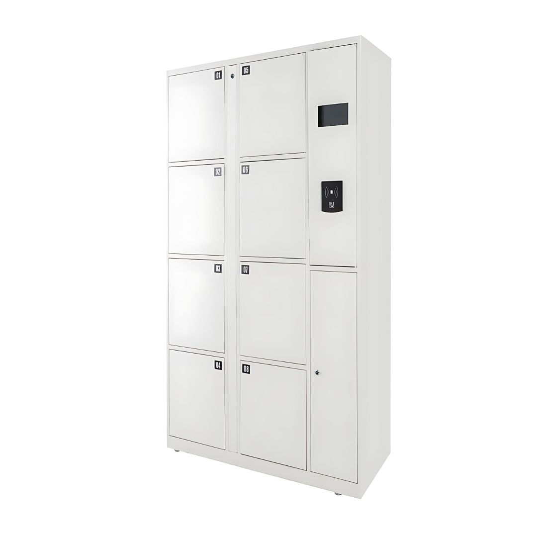 A white multi-compartment smart day locker for businesses with electronic keypads for secure access, reflecting modern and efficient secure storage solutions.