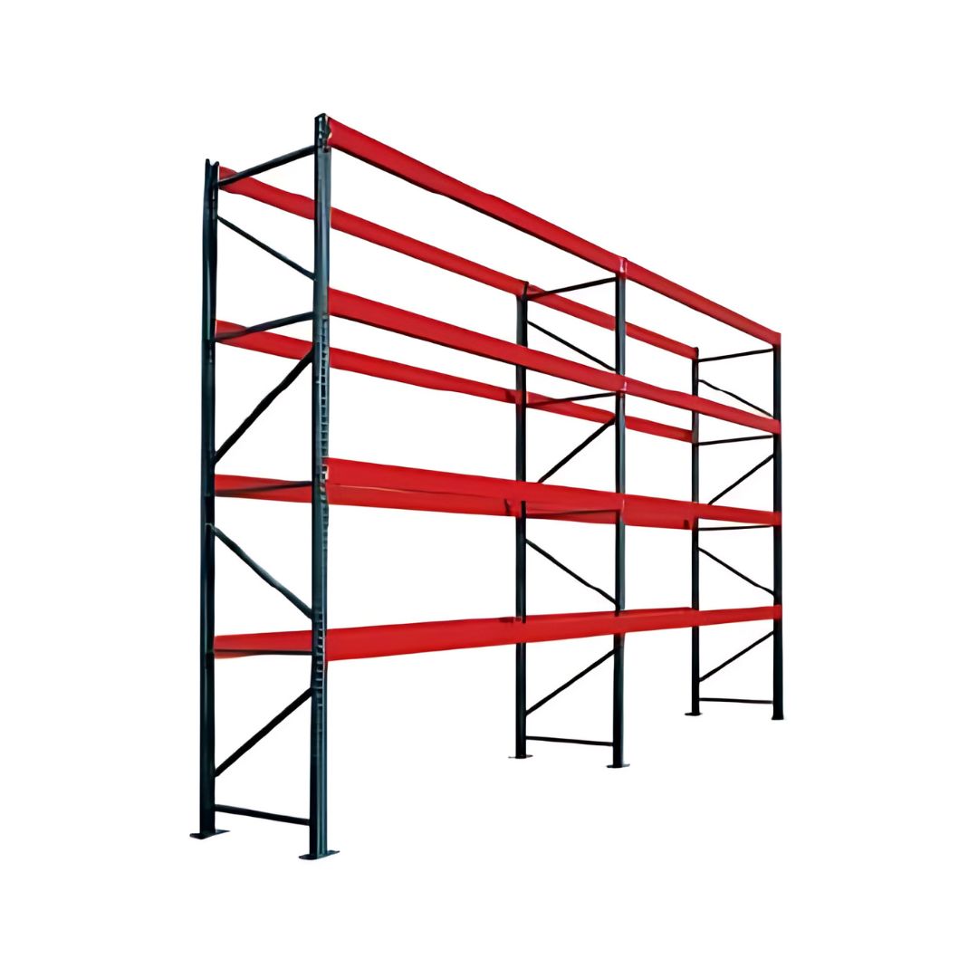 A red and black metal pallet racking system designed for organizing and storing heavy items in a warehouse