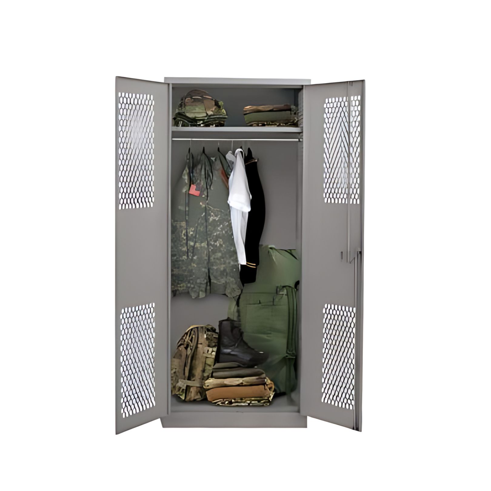 The open metal locker with mesh doors reveals military uniforms, a white shirt, and accessories like hats and boots. These items are neatly organized on hangers and shelves within the sturdy gray lockers.