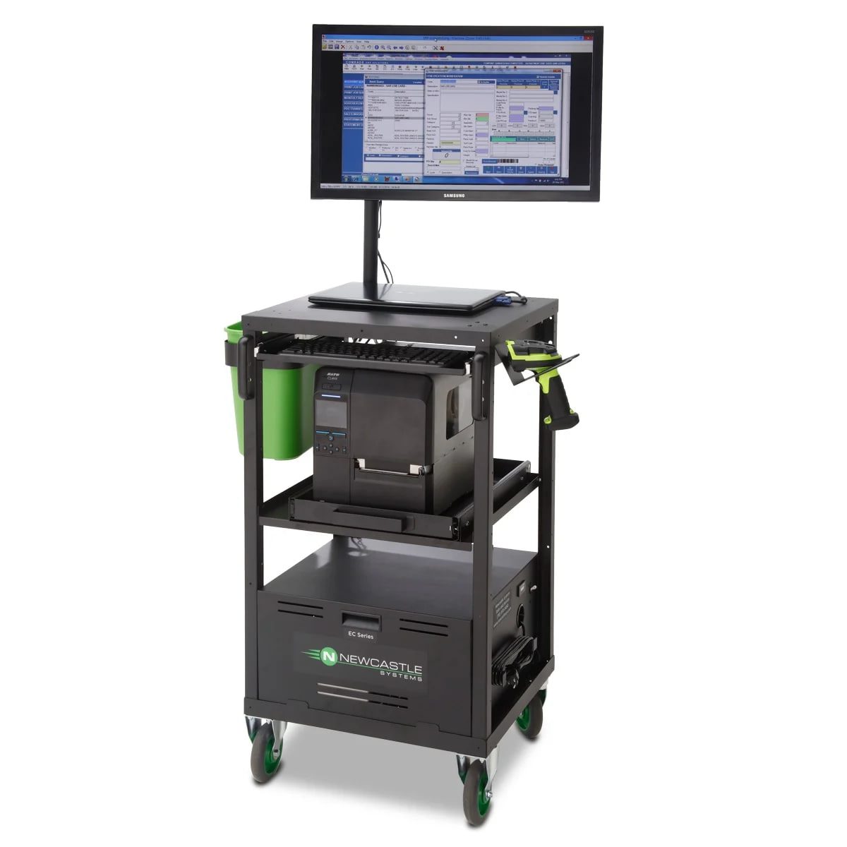 Powered mobile workstation with mounted monitor, label printer and lithium power system