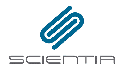 Logo featuring a stylized, intertwined design in blue above the word SCIENTIA in gray, with a modern, sleek font, subtly suggesting excellence in property management.