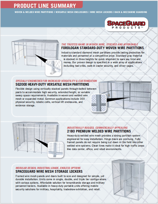 The Material Handling Literature Gallery showcases SpaceGuard Products offerings, including FordLogan woven wire partitions, 2180 welded wire partitions, and SpaceGuard wire mesh storage lockers, complete with detailed descriptions and images for each.