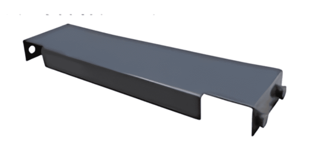 A metal bracket designed for rivet shelving features a flat, rectangular shape with a hole on one end. The opposite end showcases two small protruding pegs and a section cut out. Its dark gray finish contrasts against the plain white background, highlighting its sleek design.