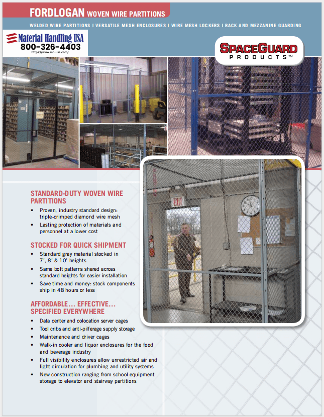 An advertisement for SpaceGuard Products showcases woven wire partitions in their Material Handling Literature. Images reveal versatile wire partitions and a workspace with a wire mesh enclosure. Includes contact info and benefits like security, quick shipment, and cost-effectiveness.
