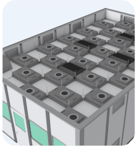 3D illustration of a building rooftop with numerous modular structures resembling clean rooms, each featuring a circular indentation. The units align in a grid pattern, with two colored differently, adding contrast to the uniform design.
