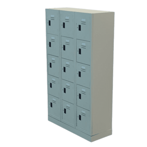 This secure locker storage unit features a light gray metal design with fifteen square compartments, ideal for university testing center lockers. Arranged in three rows of five, each compartment includes a black handle and a small ventilation slot. The background appears plain or transparent.