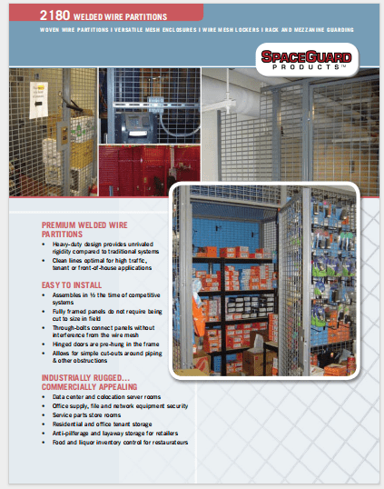 A brochure page for SpaceGuard Products showcases welded wire partitions, featuring images of storage areas with wire partitions. It highlights their application versatility and industrial appeal, emphasizing easy installation and durability. Discover more in our material handling literature gallery.