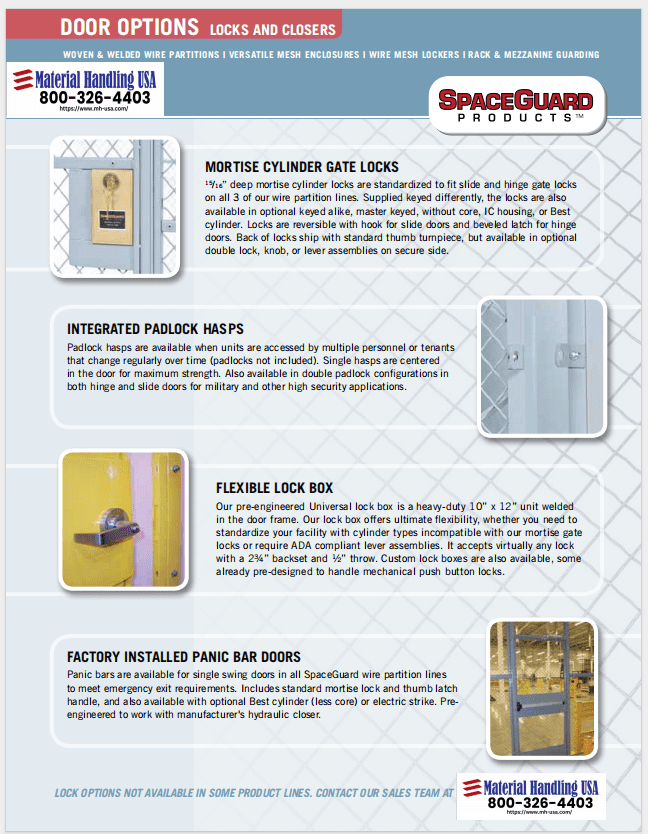 The image displays a brochure from the Material Handling Literature Gallery, highlighting SpaceGuard Products door options. It features mortise cylinder gate locks, integrated padlock hasps, flexible lock boxes, and factory-installed panic bar doors, complete with descriptions and images.