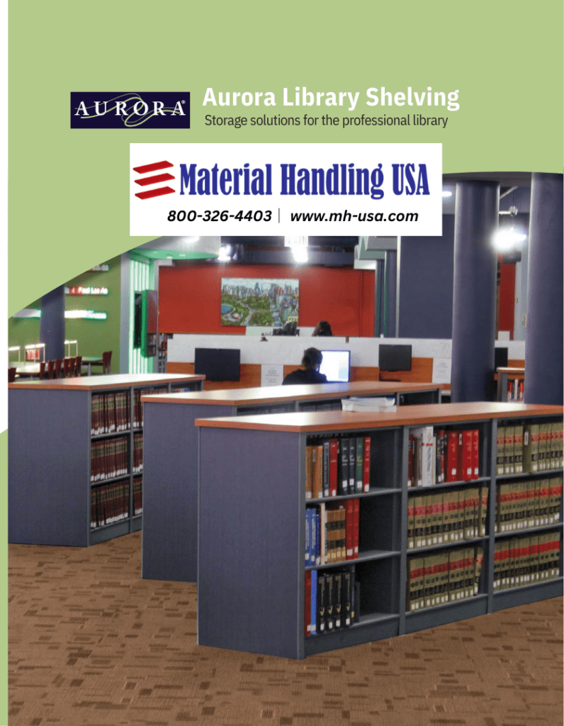 Library shelving with books and binders showcases the Aurora Library Shelving and Material Handling USA branding. Featuring heavy-duty shelving units, the setting includes a phone number and website amidst green and red walls and a beige carpeted floor.