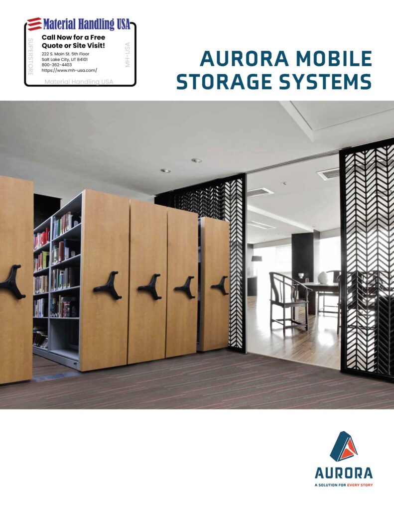 The modern office interior showcases wooden mobile storage units on a patterned carpet, with shelves brimming with brochures and books. A partially open partition leads to a meeting room featuring a large table and chairs. Aurora Mobile Storage Systems branding is prominently displayed.