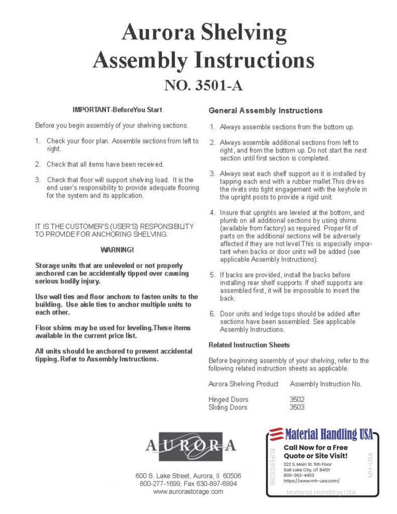 Discover the Aurora Shelving assembly instructions, featuring the model number and detailed steps for preparation and assembly. Includes a warning on tipping hazards, anchoring responsibility advice, contact information, and a Material Handling USA label. Find more in our Shelving Brochures.