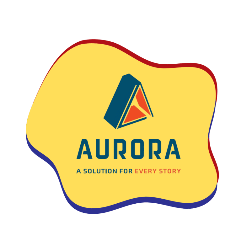 Logo featuring a stylized triangular design above the word AURORA, complemented by the slogan A Solution for Every Story. This distinct emblem graces a yellow abstract shape with red and blue edges, reminiscent of colorful Aurora brochures.