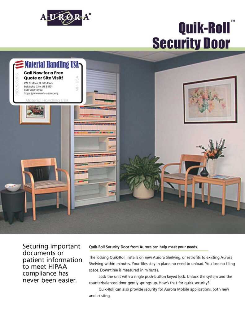 In an office setting, a Quik-Roll Security Door is partially open, revealing storage shelves brimming with colorful folders and neatly arranged brochures. Two chairs and a potted plant add a touch of life, while a framed abstract painting hangs on the wall next to informative texts about securing documents.