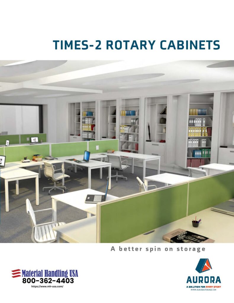 A modern office space with green dividers and white desks features rotary cabinets for storage and sleek shelving. The image includes contact details for Material Handling USA and Aurora, with the tagline A better spin on storage. Brochures available upon request.