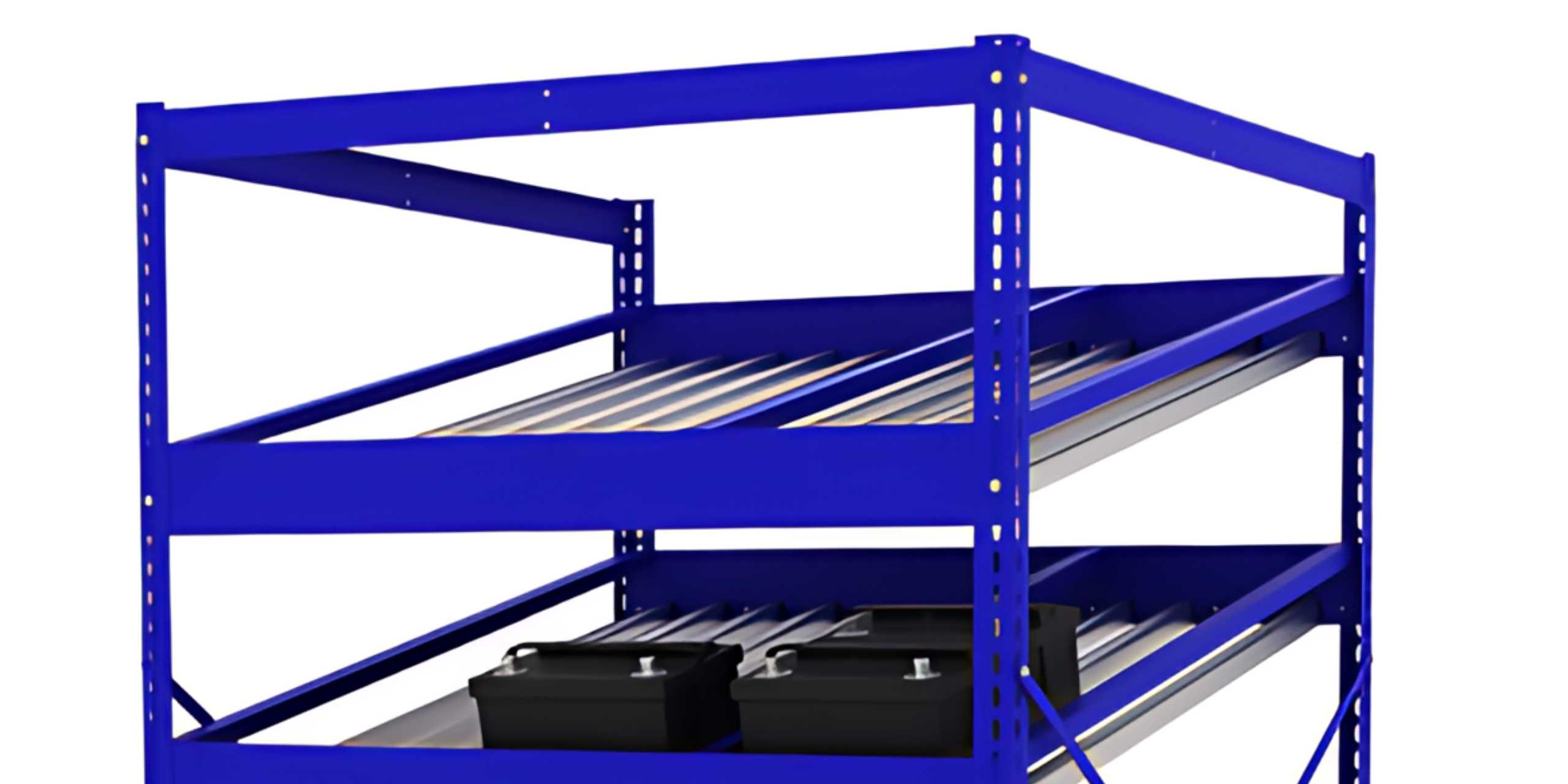 Heavy-duty steel battery rack with roller shelf levels and drip containment pans