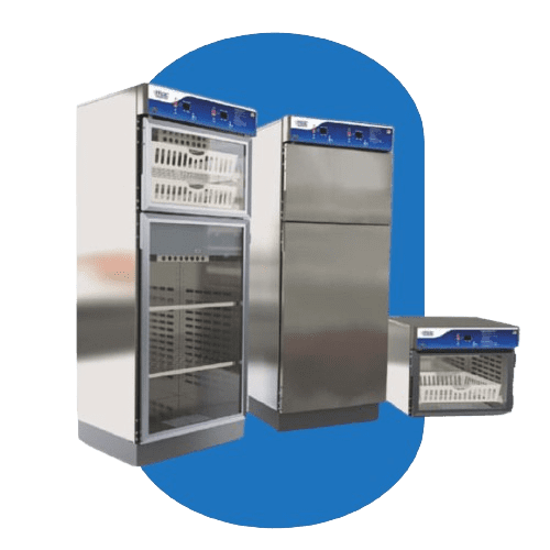 Three medical warming cabinets stand against a blue background. Two are tall with steel surfaces, one featuring a glass front, while the third is a compact, single-door model. Each includes blue control panels on top for precision heating, ideal for blanket and fluid warming needs in labs.