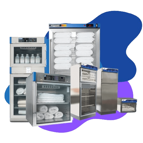 A collection of Accucold medical refrigerators and industrial warming solutions in various sizes, some showing stored towels and bottles. The appliances feature a metallic finish with blue accents, set against a blue and purple abstract background.
