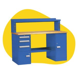 Blue metal desk with a wooden tabletop, featuring a raised back shelf. It has three drawers on the left, one cabinet on the right, and a footrest bar below. Positioned against a yellow abstract background.