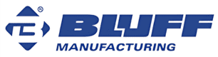 The logo of Bluff Manufacturing includes the letters B and M in a sleek blue geometric design, reminiscent of sturdy pallet rack beams. The bold word BLUFF follows, with MANUFACTURING elegantly tucked beneath in smaller blue letters.