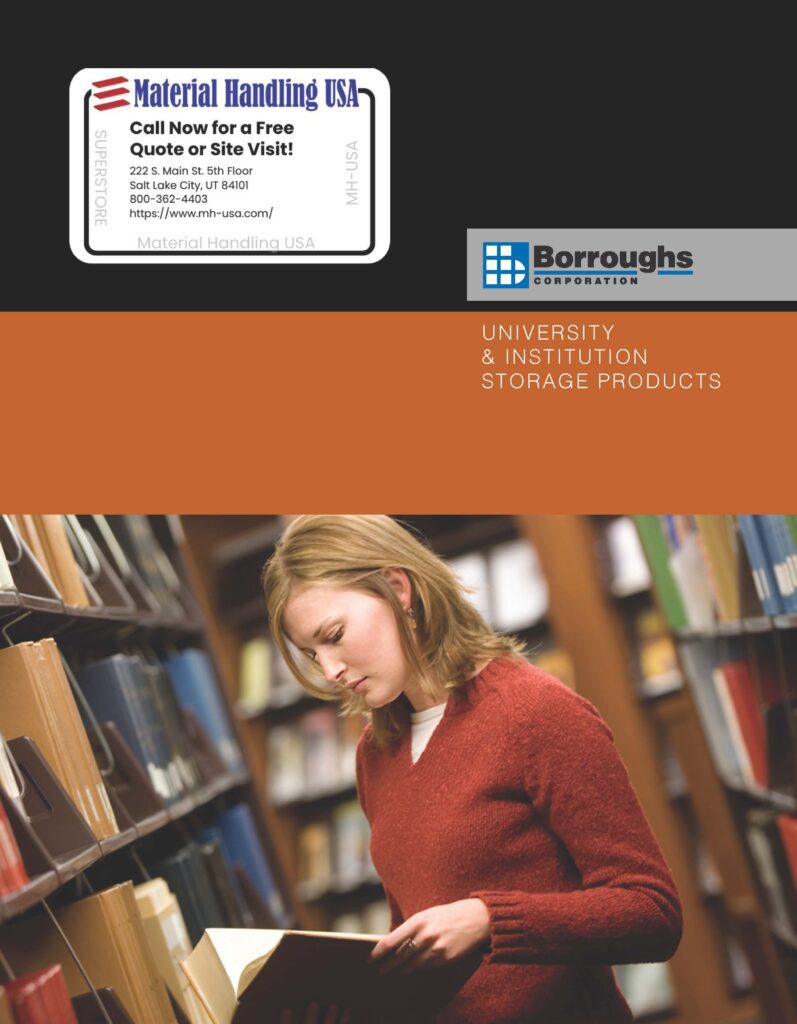 A woman in a red sweater reads a book in a library aisle. Above her, an advertisement for Material Handling USA and Borroughs Corporation showcases university and institution storage products with sleek shelving brochures.