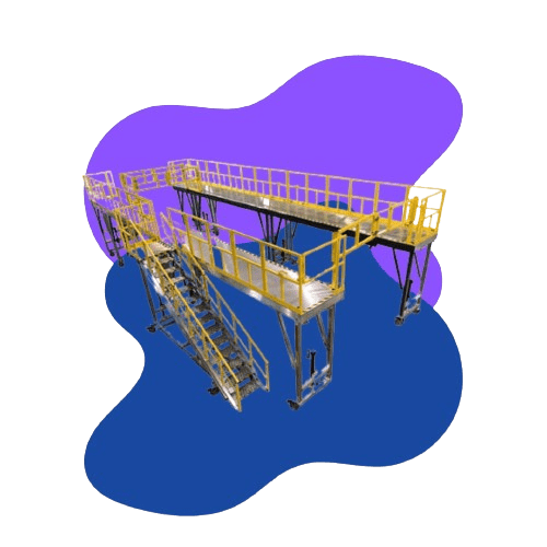 A metal platform with stairs and yellow safety railings, positioned against a purple and blue abstract background.
