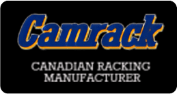 The logo features Camrack in striking blue and yellow, with Canadian Racking Manufacturer in crisp white. Set against a sleek black background, it embodies the strength and reliability of Pallet Rack Beams.