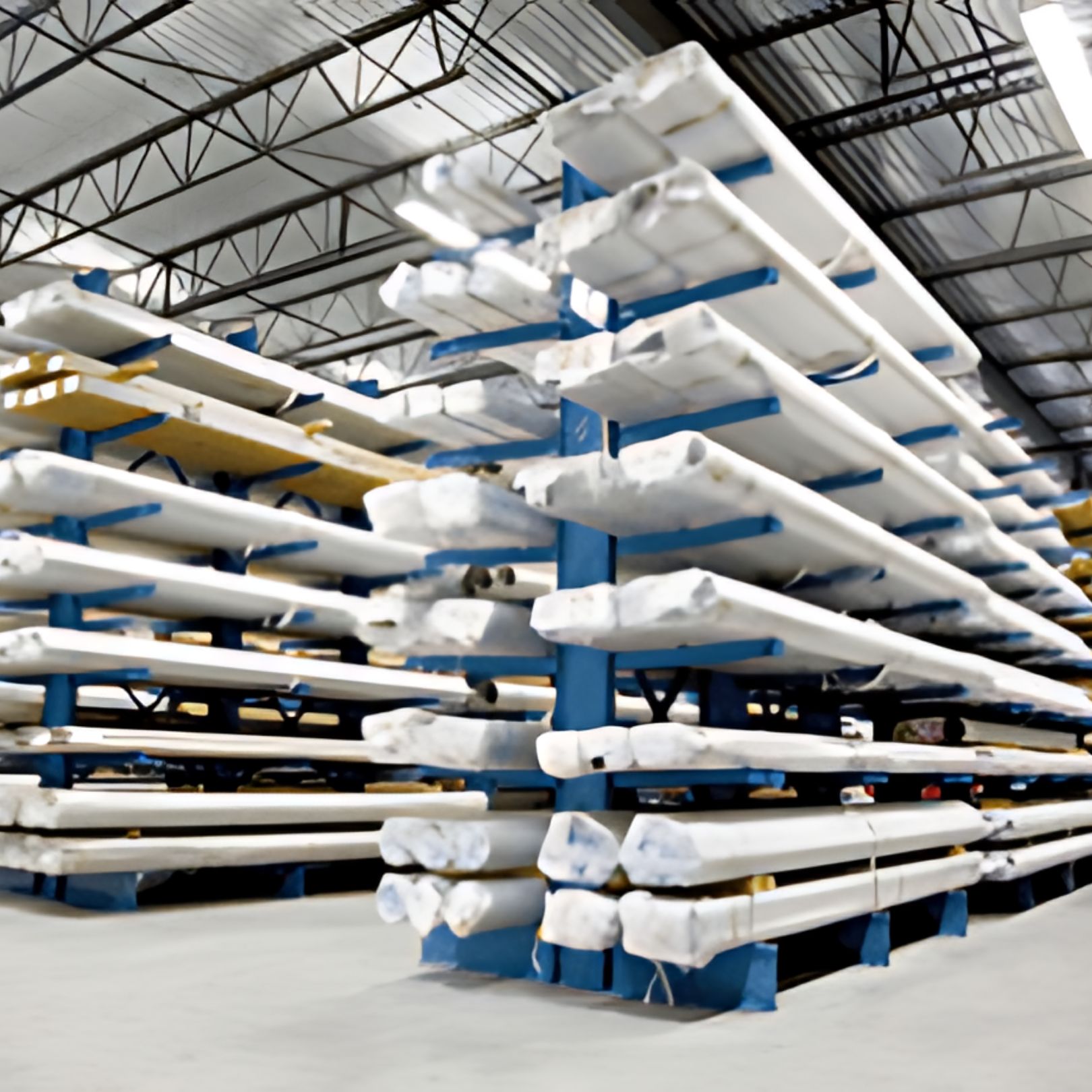 Long white pipe and downspout bundles stored on blue cantilever rack arms