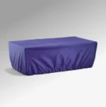 A rectangular table with a fitted, deep purple cloth elegantly sits against a gray backdrop, echoing the refined protection of Electro Kinetic Technologies Pony Express Weather Resistant Covers for motorized mail room carts (Part Number MMC-SM01).
