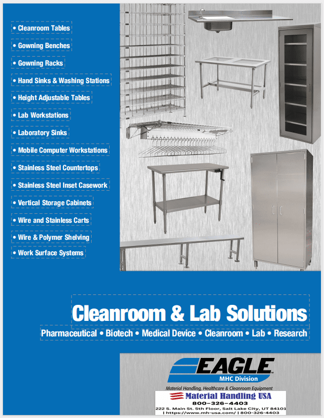 Promotional poster for Eagle MHC Division showcases a sleek Material Handling Gallery. Features images of cleanroom and lab equipment like sinks, tables, and storage. Text highlights products such as gowning benches, hand sinks, and adjustable tables for various lab applications.