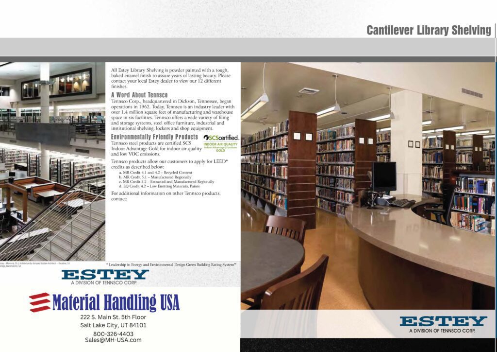 Discover the elegance of Estey Cantilever Library Shelving with our promotional brochure. Featuring images of versatile library shelving in diverse settings, a circular reading table, and insights into our eco-friendly products and company details from Estey Library Shelving and Material Handling USA.