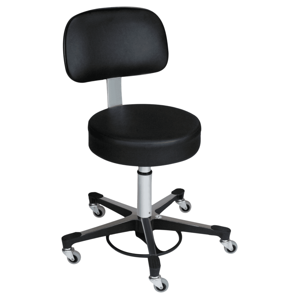 A sleek black swivel chair with a round seat and backrest sits atop a metal base featuring five caster wheels. Its height is adjustable, complemented by a white central support column. Inspired by Blickman design, it blends function with modern aesthetics.