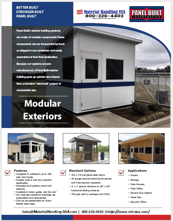 The brochure for Material Handling USA showcases Panel Builts exterior modular buildings, complete with vivid images, a comprehensive list of features and options, applications, and contact details adorned with branding logos. Explore our Material Handling Literature Gallery to learn more.