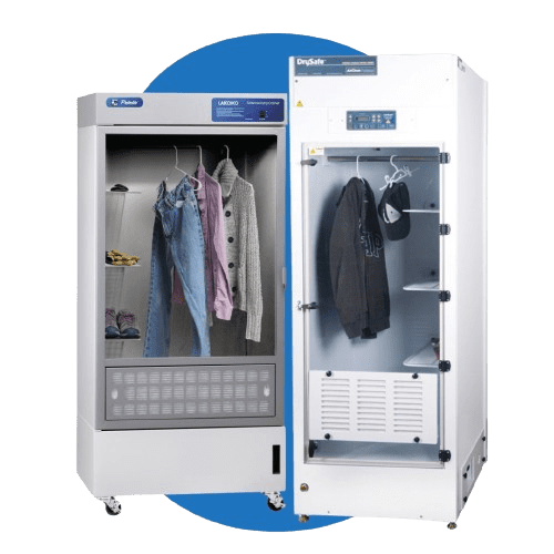Two clothing drying cabinets are displayed. The left cabinet has a transparent door showing hanging clothes like jeans and shirts, perfect for evidence drying solutions. The right cabinet also has a transparent door, revealing shelves with folded clothes and a hanging jacket.