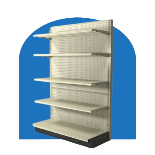 A freestanding Gondola Display Shelving unit with five cream-colored shelves on a perforated back panel. This Retail Shelving System features a solid blue background, perfect for showcasing products elegantly.
