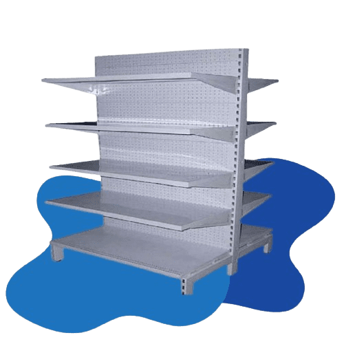 A freestanding metal storage rack with perforated back panels and multiple adjustable shelves, this customizable gondola shelving unit stands against a stylized blue and gray background.