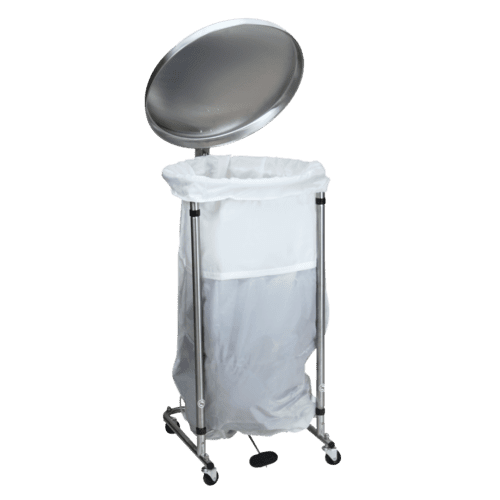 The Blickman metal medical waste bin boasts a round lid open design, mounted on a wheeled frame. It features a white disposable liner and a foot pedal for hands-free convenience, ensuring efficient and hygienic disposal.