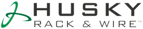Logo of Husky Rack & Wire. The text HUSKY RACK & WIRE appears in black and white. To the left is a stylized green and white design resembling an abstract wire or loop, echoing the strength and reliability of pallet rack beams. The background is transparent.