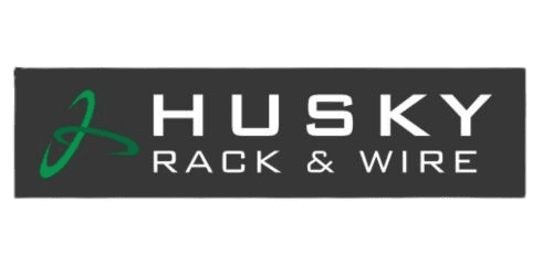Logo for Husky Rack & Wire, featuring the name in white capital letters on a dark background, with a green abstract design to the left. This design embodies their expertise in heavy duty wire decking and warehouse rack accessories.