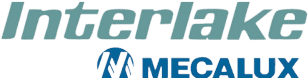 Logo displaying Interlake in large, light blue text, with Mecalux beneath in smaller blue text. A stylized M design is positioned to the left of Mecalux, symbolizing the strength and precision of pallet rack beams.