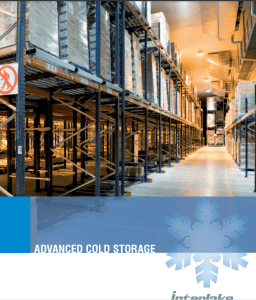 A modern cold storage facility with high shelves stocked with boxes, showcasing innovative warehouse shelving designs. A snowflake icon and the text Advanced Cold Storage are at the bottom.