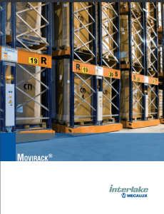 Warehouse storage system featuring tall, blue metal racks labeled 19 R and 20 S. Large cardboard boxes neatly arranged on Interlake Mecalux Storage Solutions. The bottom of the image showcases logos for Movirack® and Interlake Mecalux Brochures.