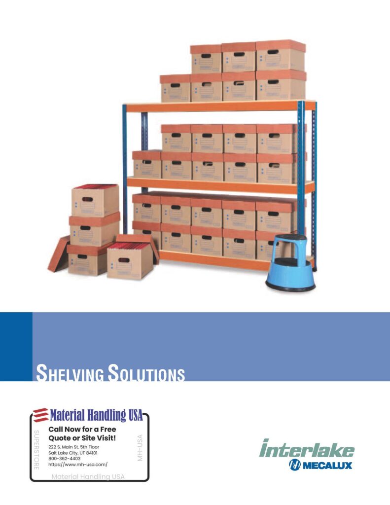 Storage shelves showcasing stacked cardboard boxes, complemented by a blue waste bin on the bottom right. Find our branding for Material Handling USA and interlake Mecalux with contact info. Request your free shelving brochures or get a quote today!.