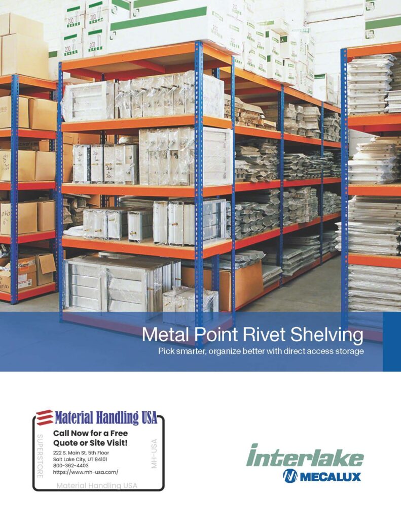 Shelving units filled with cardboard boxes and various materials on metal racks in a warehouse setting. A contact card for Material Handling USA is at the bottom, next to the Interlake Mecalux logo, accompanied by neatly stacked shelving brochures.