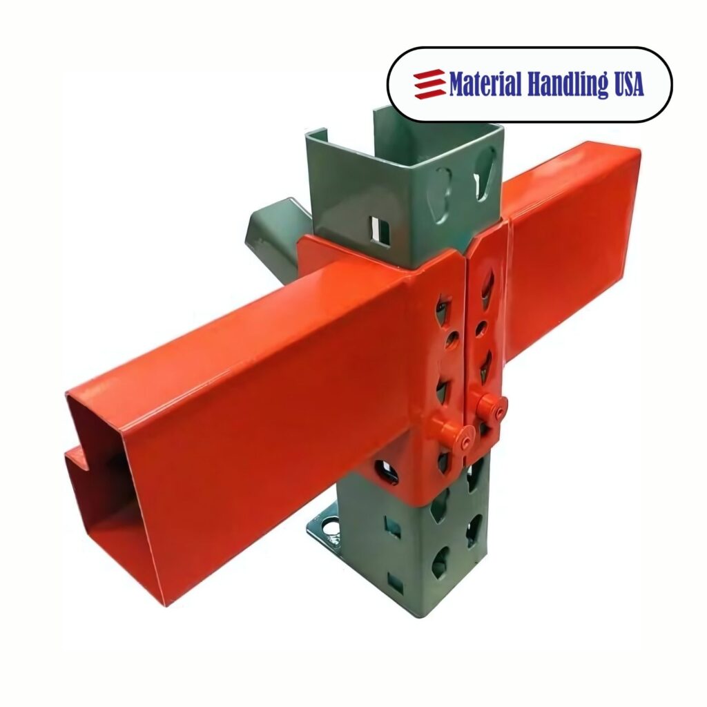 Close-up of a green and orange metal pallet racking component, complete with holes for adjustability and connection. The Pallet Rack Beams are sturdy and reliable. A logo in the top-right corner reads Material Handling USA.