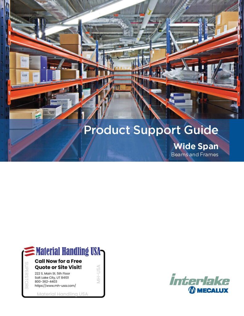 A warehouse with metal shelves filled with boxes and equipment. A blue overlay reads Product Support Guide: Wide Span Beams and Frames. Below is a business card for Material Handling USA, featuring contact details and a selection of shelving brochures.