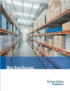 A warehouse aisle showcases orange metal shelving filled with cardboard boxes of varying sizes. Labeled as Wide Span Shelving, the scene embodies the efficiency highlighted in Interlake Mecalux Brochures. The bottom of the image proudly displays the Interlake Mecalux logo.