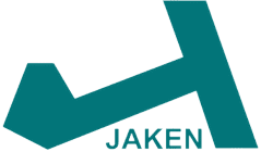 The image displays a stylized teal logo resembling a geometric shape with angles and a slanted bar, reminiscent of the structure of pallet rack beams. Below the design, JAKEN is written in capital letters, matching the teal hue.